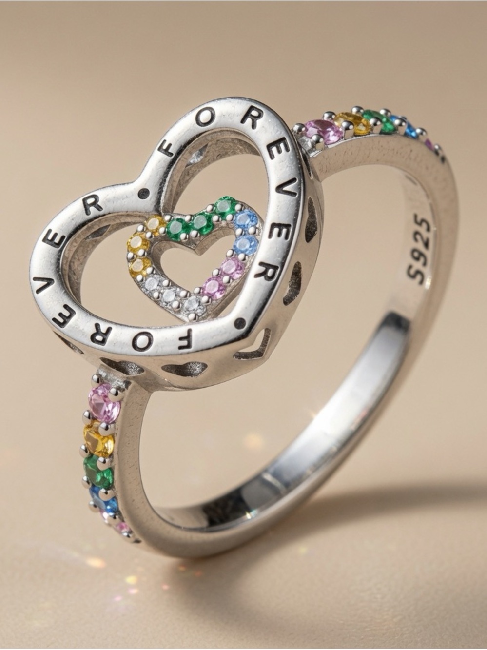 Forever Heart Sterling Silver Rainbow CZ Ring